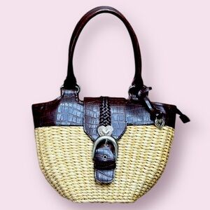 Brighton Straw Basket Woven Faux Brown Leather Double Handle Handbag